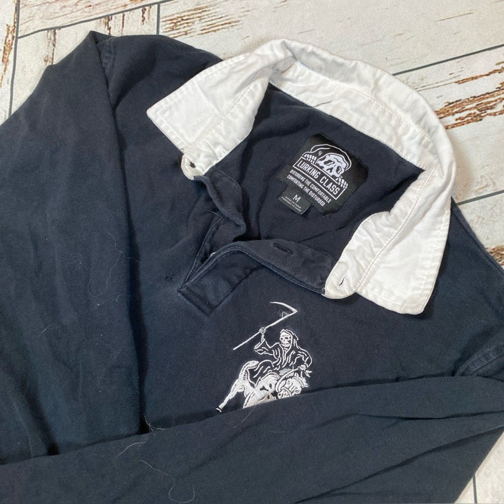 Lurking Class Men’s M Black Long Sleeve Polo Grim Reaper Goth Shirt